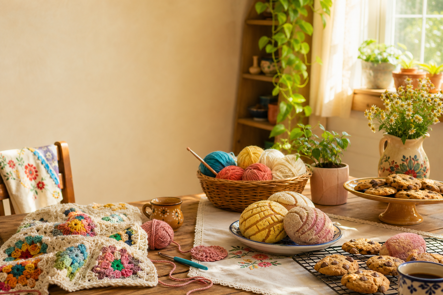 A sunlit kitchen table with colorful yarn, crochet pieces, fresh pastries, mugs, and embroidered linens.